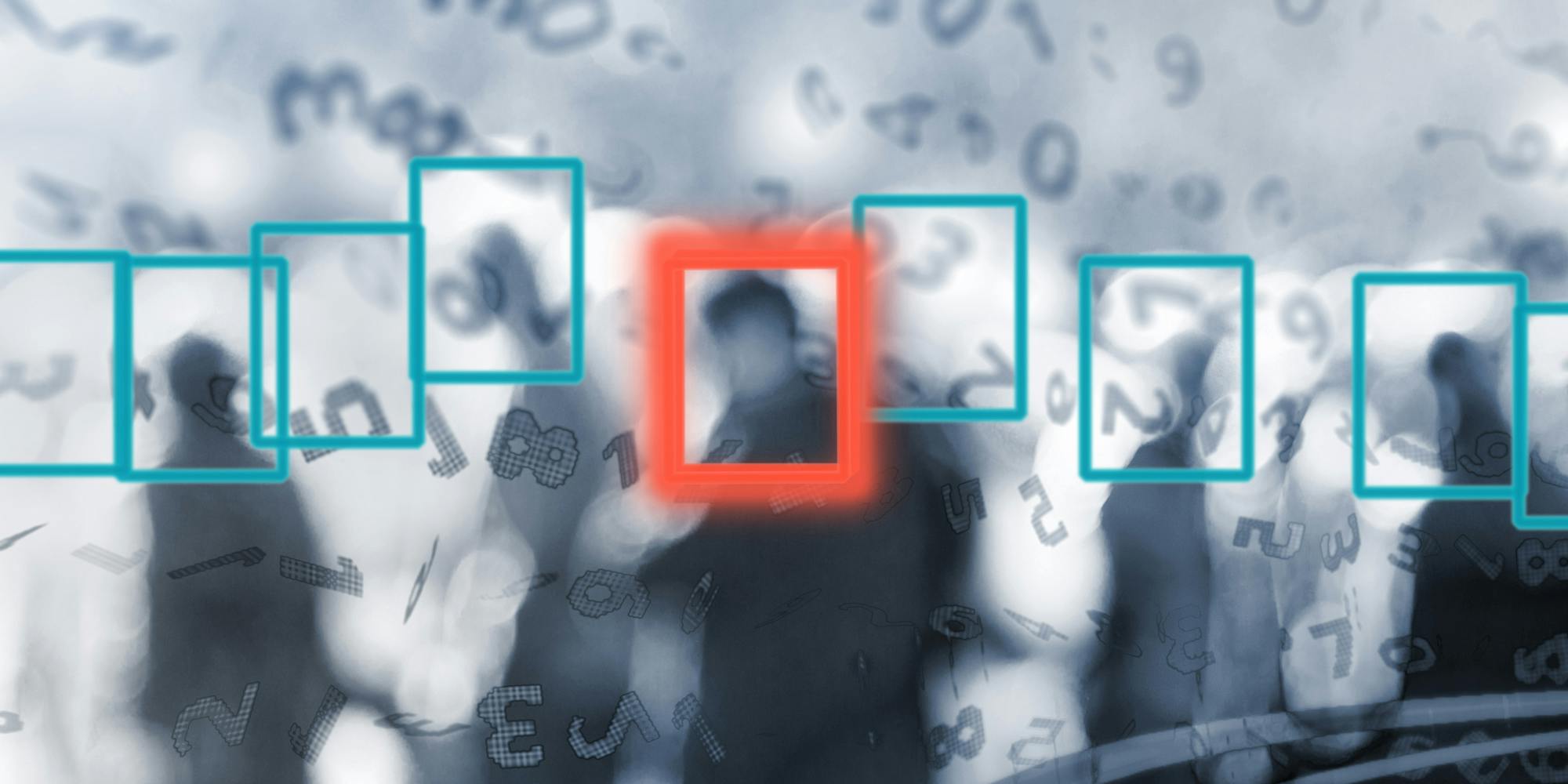 A facial recognition illustration showing people walking with squares over their faces. One person has a red square over them.