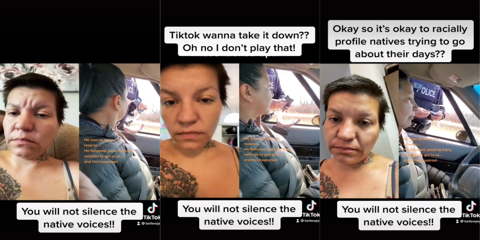 Three panel screenshot from a TikTok showing a police officer pulling over a First Nation person for a breathalyzer test