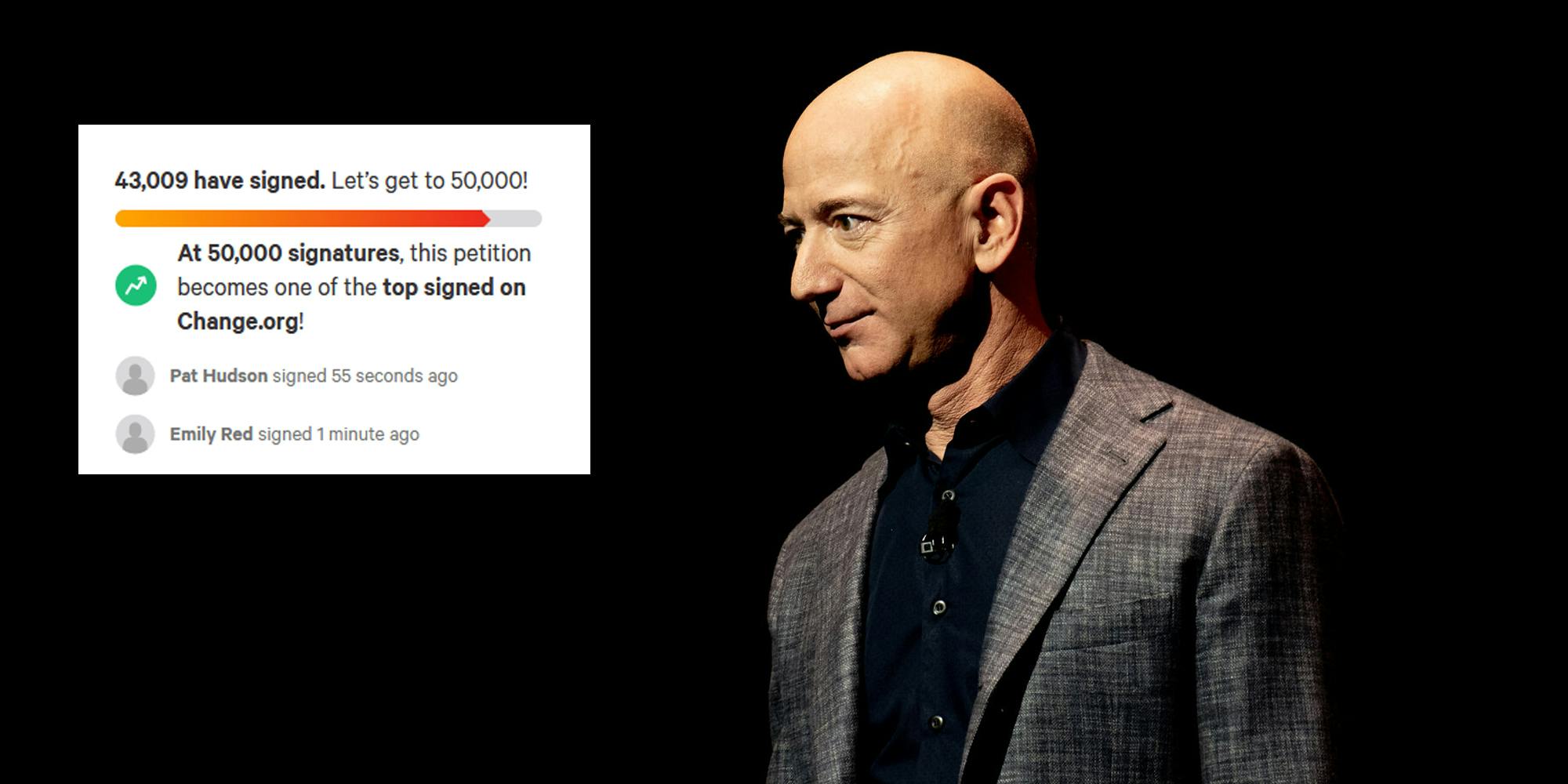 Amazon CEO Jeff Bezos looking off to the left. Next to him is a screenshot of a Change.org petition people are signing urging him not to return to Earth following his trip to space.