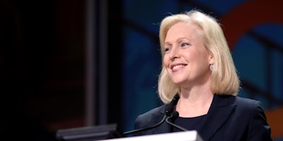 Sen. Kirsten Gillibrand, who reintroduced the Data Protection Act, speaking at a podium in 2019.