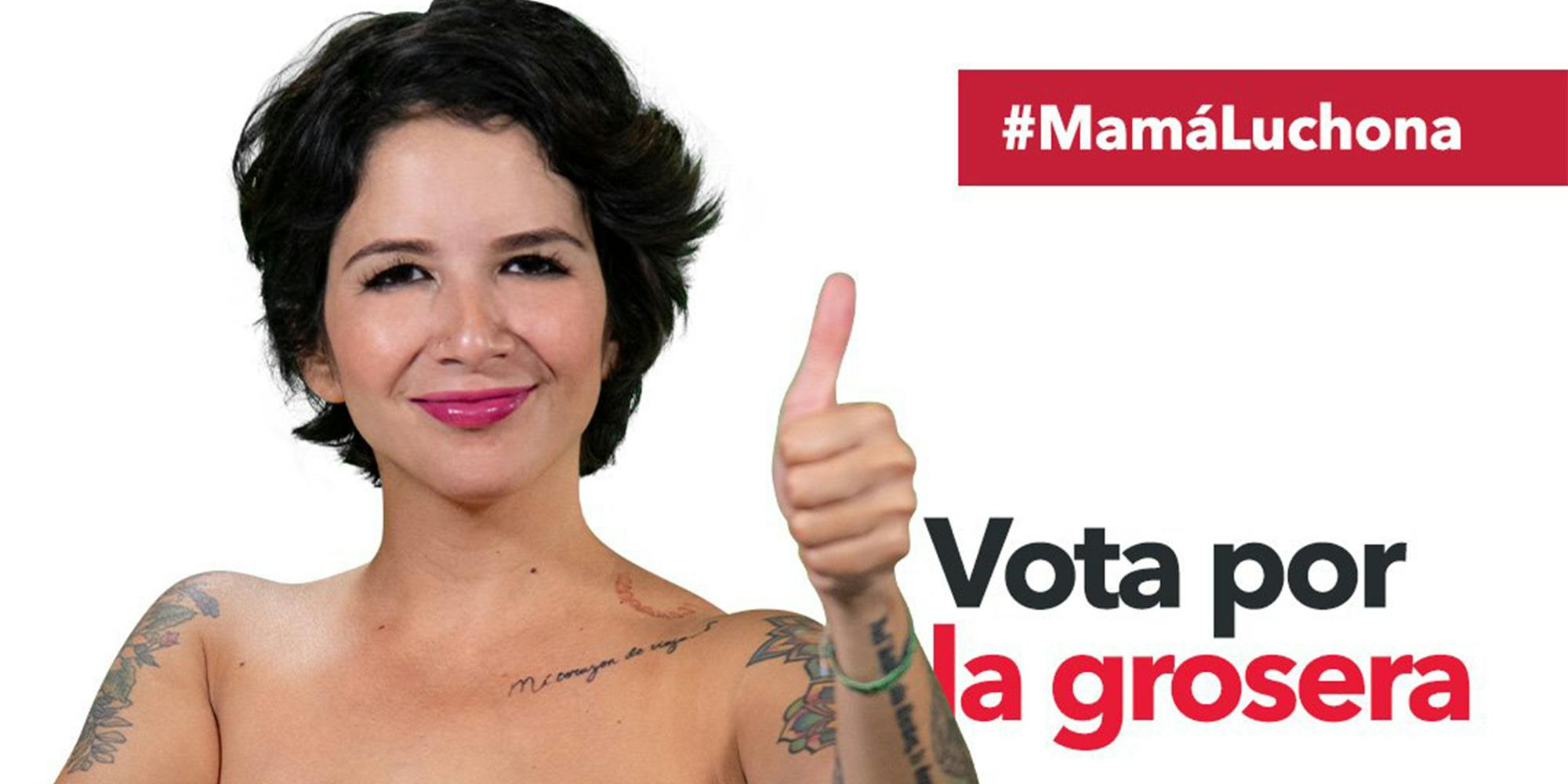 Woman with thumbs up and caption #MamaLuchona "Vota por la grosera"