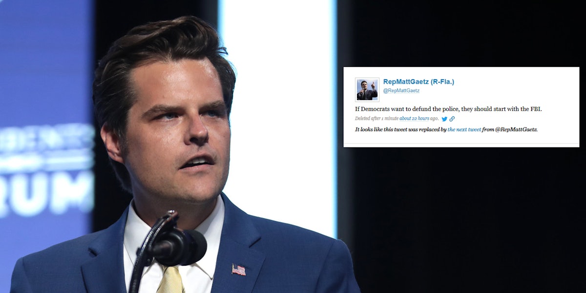 Rep. Matt Gaetz speaking in front of a microphone. Next to him is a deleted tweet where he suggested that we should defund the FBI.