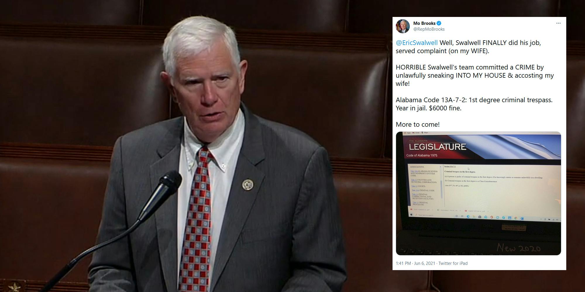 Rep. Mo Brooks speaking in Congress. Next to him is a screenshot of a tweet where he inadvertently included his Gmail password in a photo.