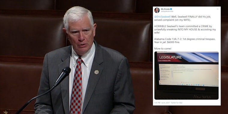 Rep. Mo Brooks speaking in Congress. Next to him is a screenshot of a tweet where he inadvertently included his Gmail password in a photo.