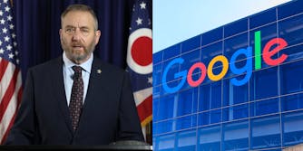 Ohio Attorney General Dave Yoast side by side with a picture of the Google headquarters in California.