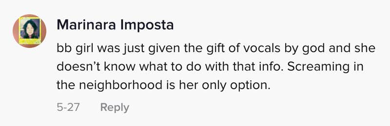 bb girl was just given the gift of goals by god and she doesn't know what to do with that info. Screaming in the neighbourhood is her only option