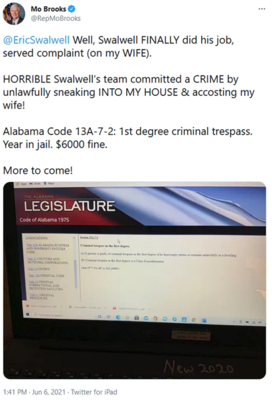 mo brooks screen showing his gmail password