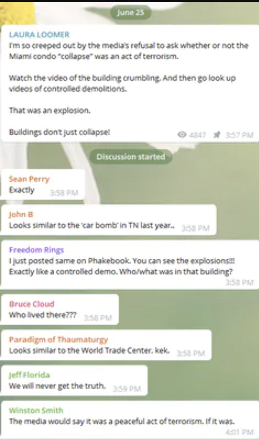 laura loomer on telegram discussing condo collapse