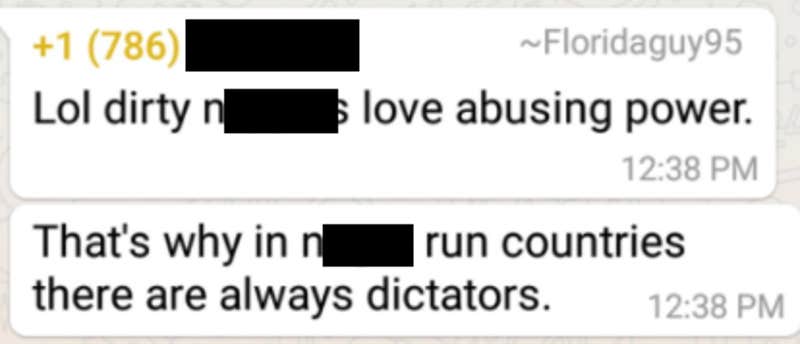 Christopher Monzon group chats showing him saying racial slurs