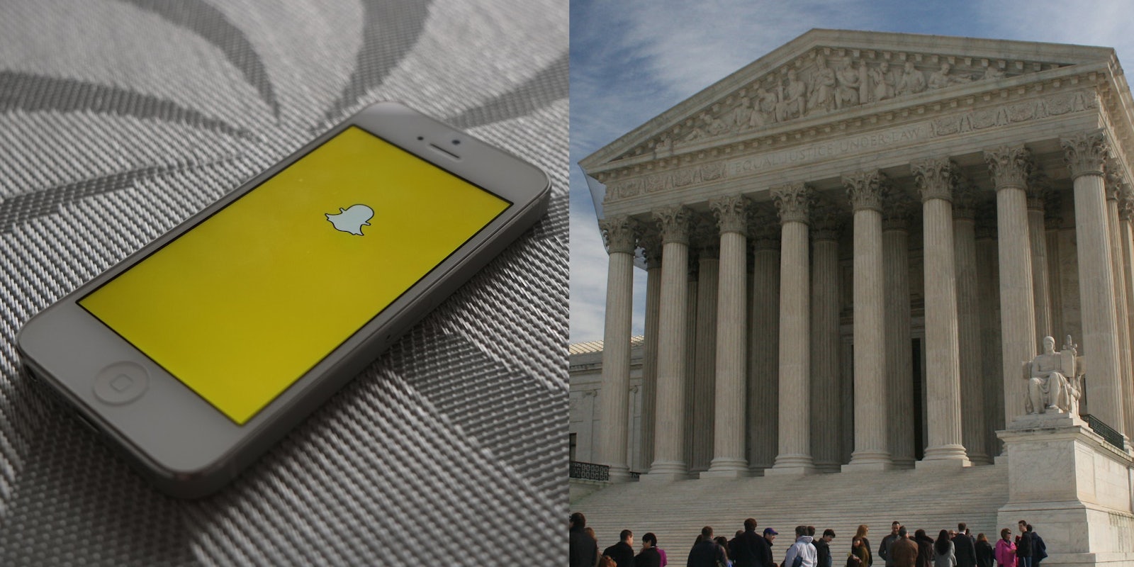 A side by side of a phone showing the Snapchat logo and the Supreme Court of the United States.