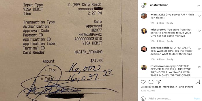 Receipt showing $16,000 tip on the left and a screenshot from the Stumble Inn's latest Instagram post with comments saying the server should get to keep the entire tip