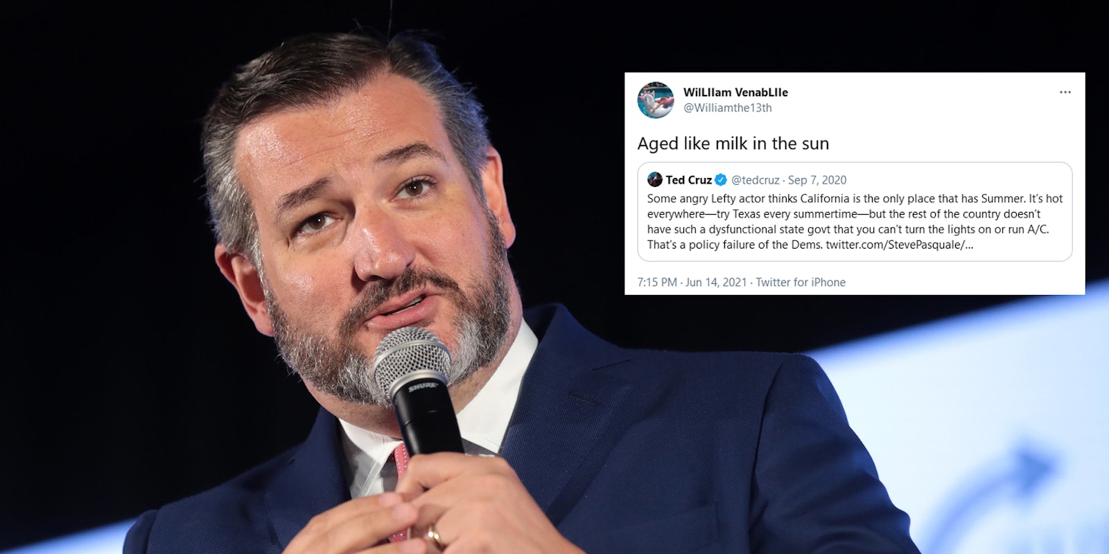 Texas senator Ted Cruz looking somewhat dumbfounded. Next to him is a tweet mocking Cruz's old tweet about California's energy crisis last year.