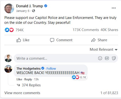 A screenshot of the dormant Facebook page for Donald Trump. In a comment under his Jan. 6 post, someone erroneously welcomed him back on Wednesday evening.