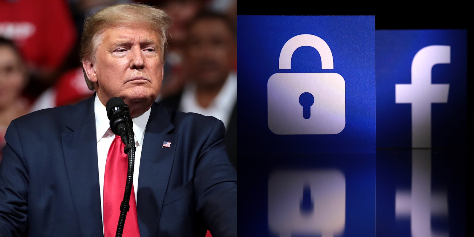 A side by side of former President Donald Trump next to the Facebook logo and a lock.