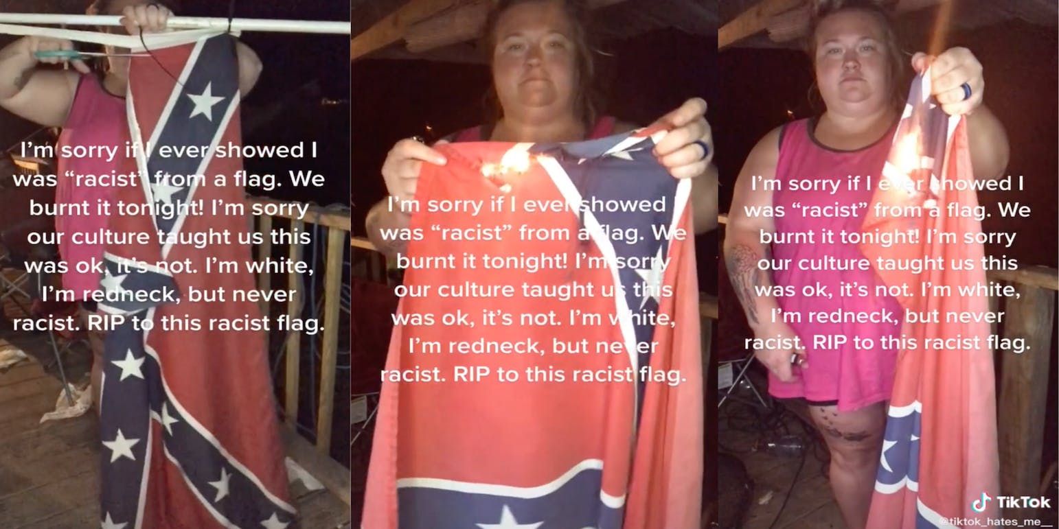 Three panel of woman's tiktok video where she is shown cutting off her Confederate flag from its pole and burning it with the caption "I'm sorry if I ever showed I was racist from a flag. We burnt it tonight. I'm sorry our culture taught us it was ok. It's not. I'm white. I'm redneck, but never racist. RIP to this racist flag."