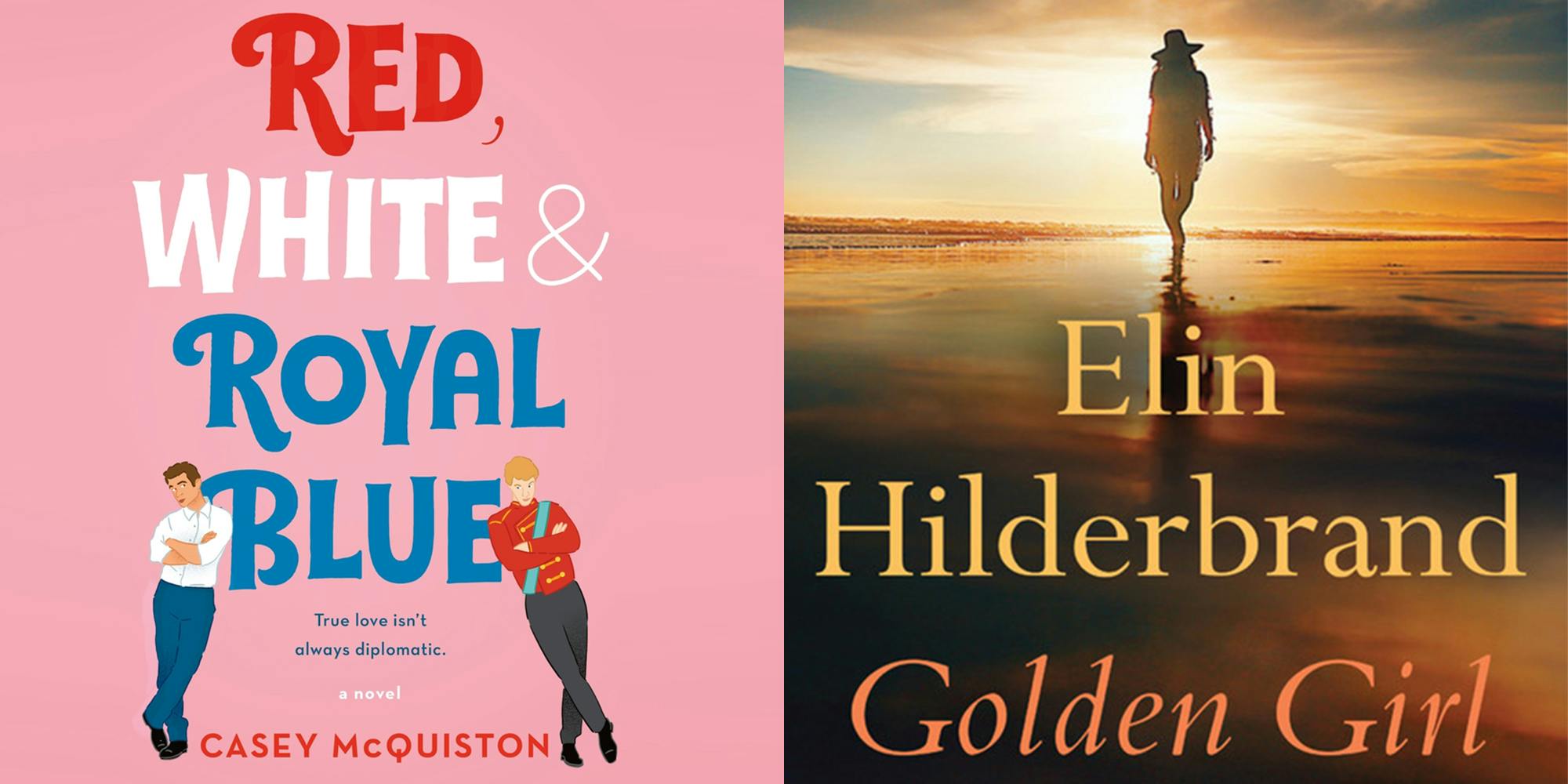 Red White & Royal Blue book cover, with two people leaning against the word "blue" (l) Golden Girl book cover of woman walking into sunset (r)