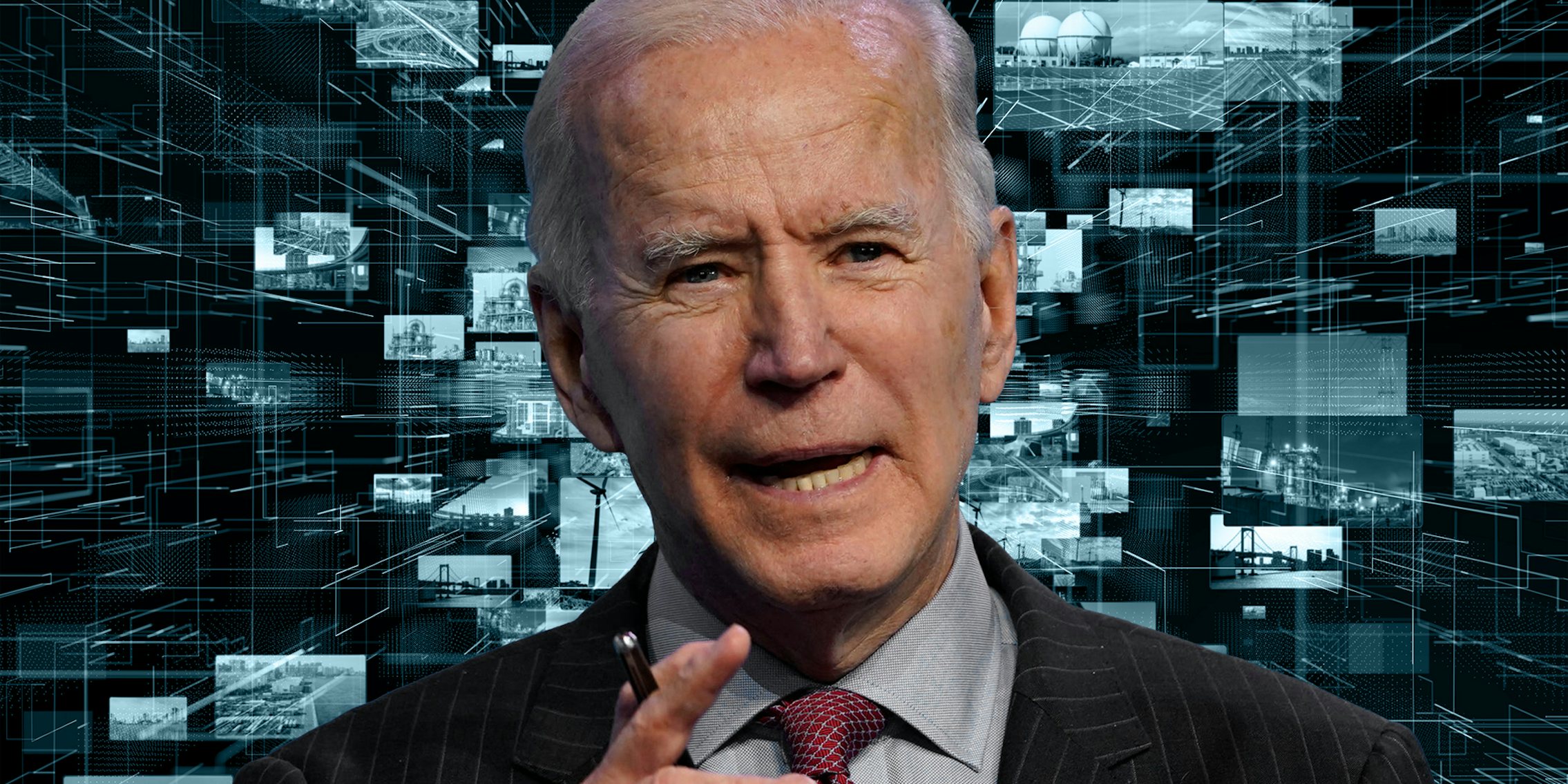 joe biden over background of images at different sizes and distances