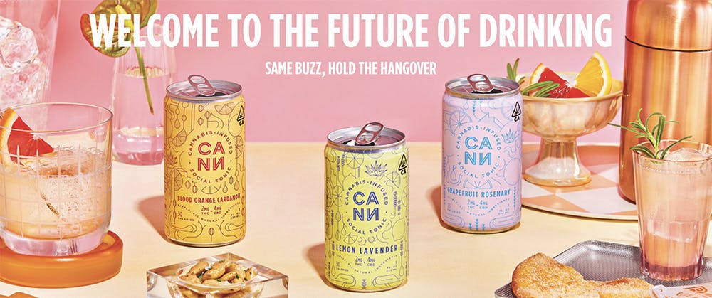 CANN THC and CBD drinks in lemon lavender, orange cardamom, and grapefruit rosemary on a pink background