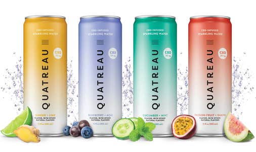 Quatreau CBD sparkling seltzer water in four different fruity flavors on a white background