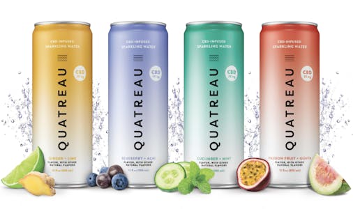 Quatreau CBD sparkling seltzer water in four different fruity flavors on a white background