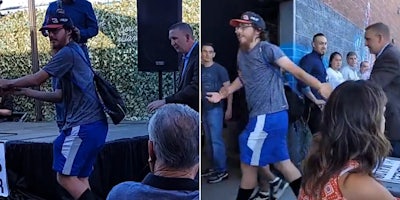 man struggling over dildo taken from drone (l) man being walked out of event (r)