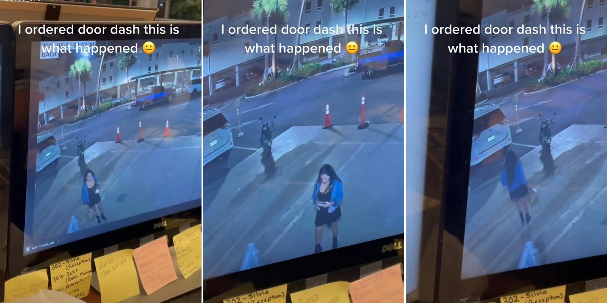 woman delivering food (l) woman taking photo of food (c) woman walking away with food (r) with caption "I ordered door dash this is what happened"