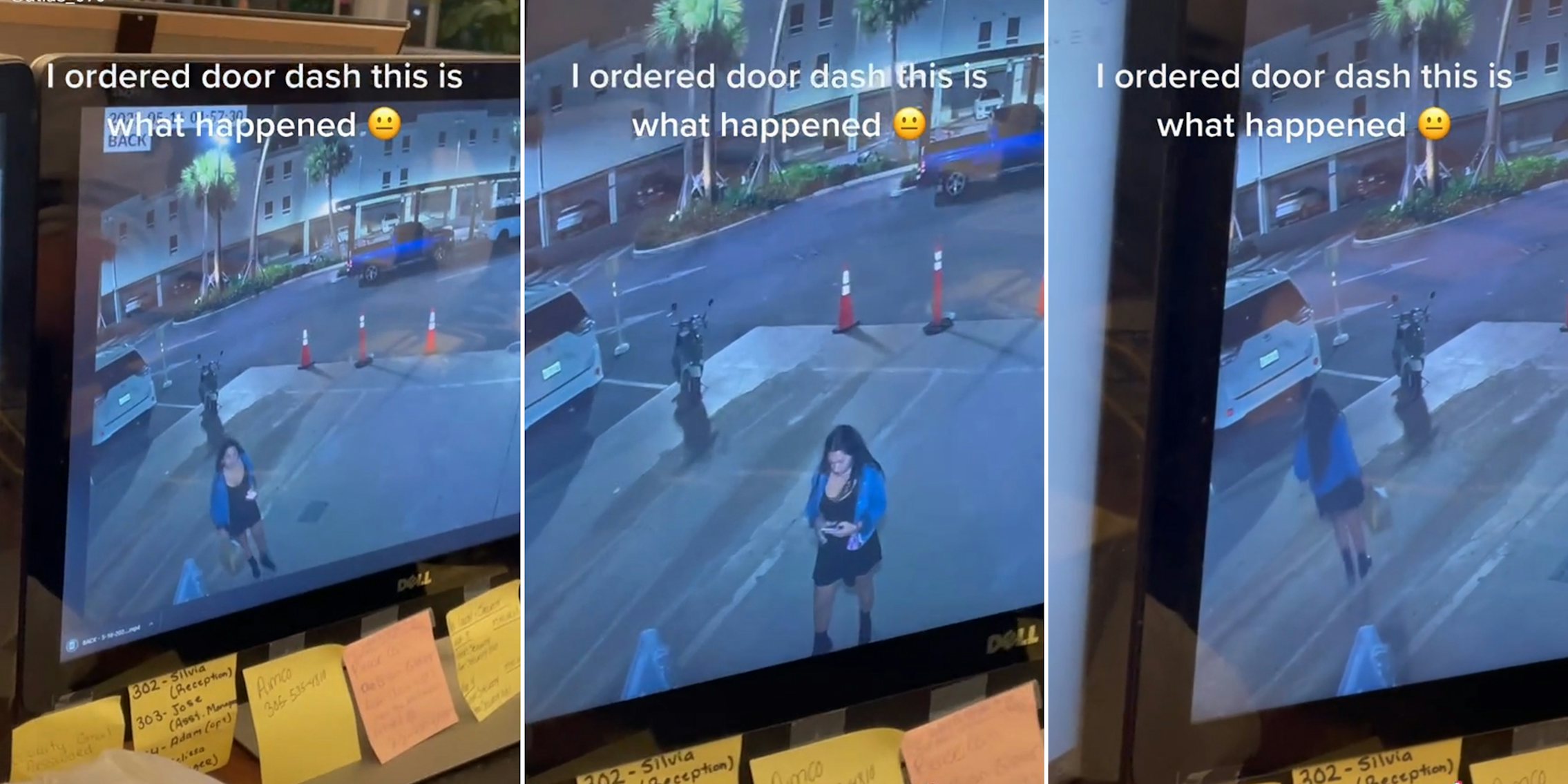 woman delivering food (l) woman taking photo of food (c) woman walking away with food (r) with caption 'I ordered door dash this is what happened'
