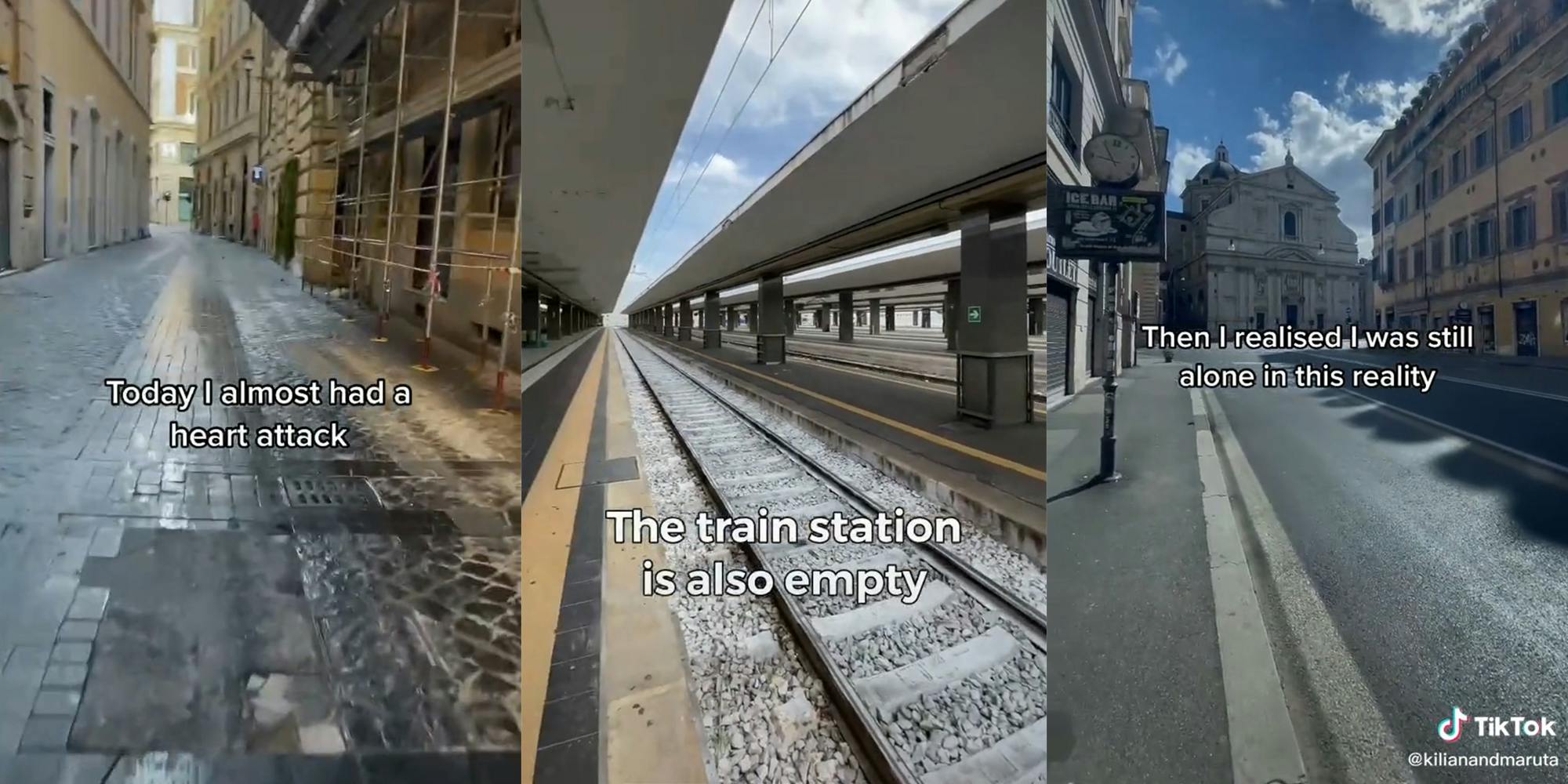 empty street with "Today I almost had a heart attack" caption (l) empty train station with "The train station is also empty" caption (c) empty street with "Then I realised I was still alone in this reality" caption (r)