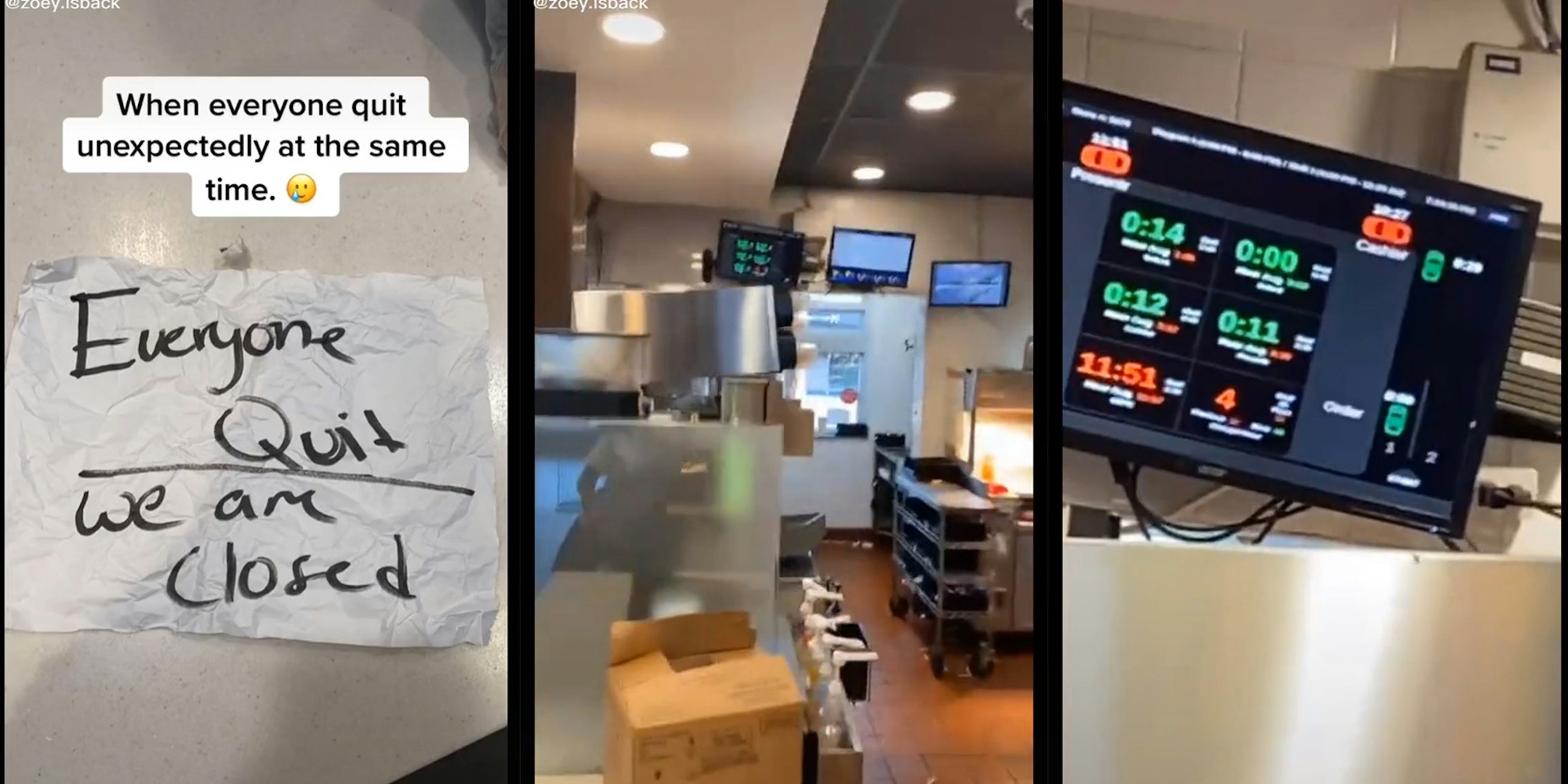 Handwritten note 'Everyone Quit / We are closed' with caption 'When everyone quit unexpectedly at the same time.' (l) empty McDonald's front line (c) status board showing drive-thru service over 1 minutes long (r)