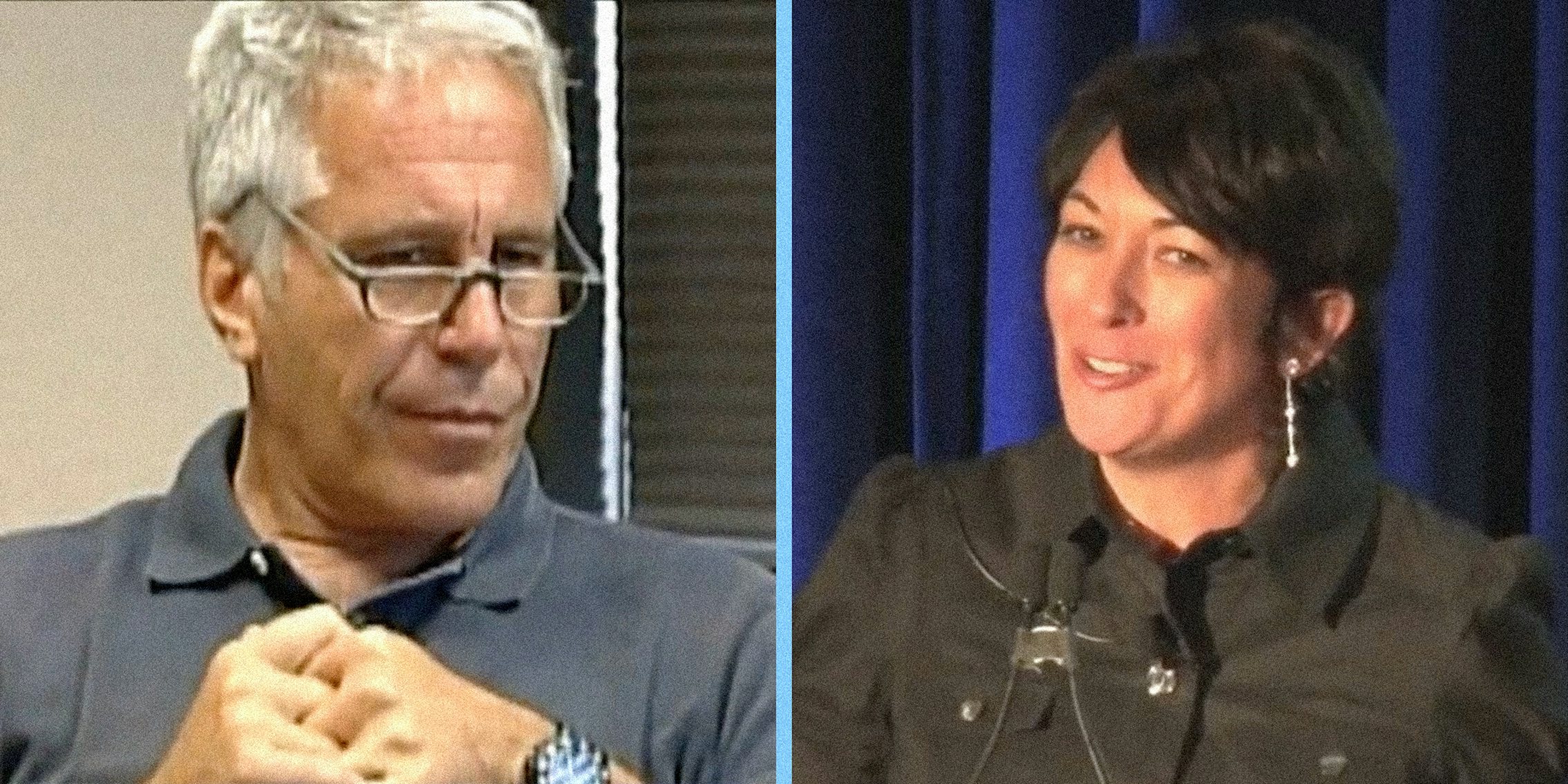 Jeffrey Epstein looking off camera (L) and Ghislaine Maxwell looking off camera (R).