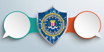 speech bubbles connected by shield with FBI logo