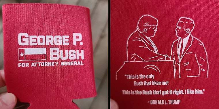 A red koozie advertising George P. Bush for Attorney General.