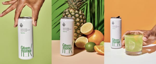 green monke in three separate images. The first being someone holding a can of it against a green background. the second photo shows the can of green monke against a background of fresh citrus and the last shows someone grabbing a glass of the green liquid