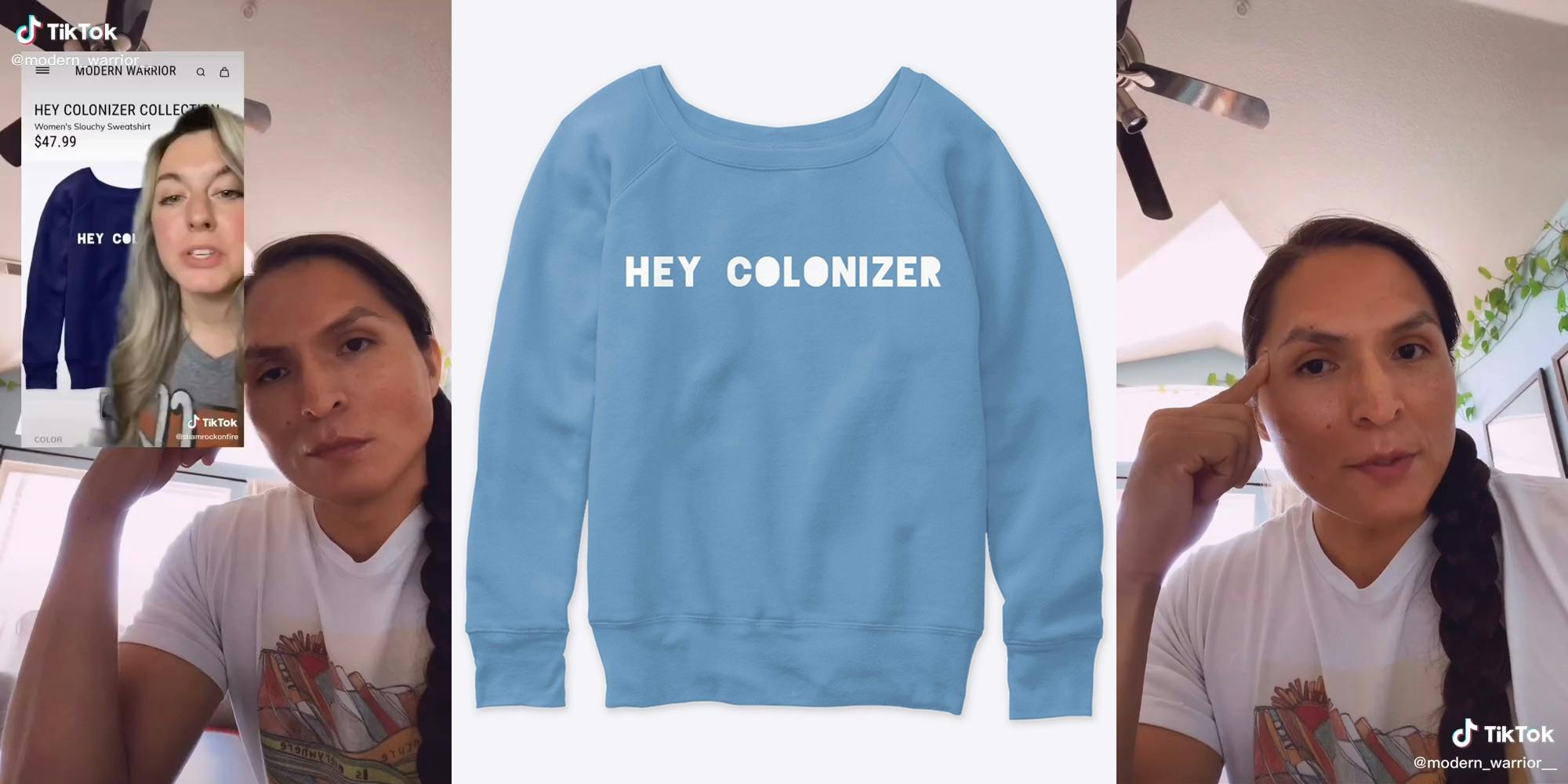 man reacting to inset of tiktok video (l) hey colonizer on blue sweatshirt (c) man pointing to head (r)