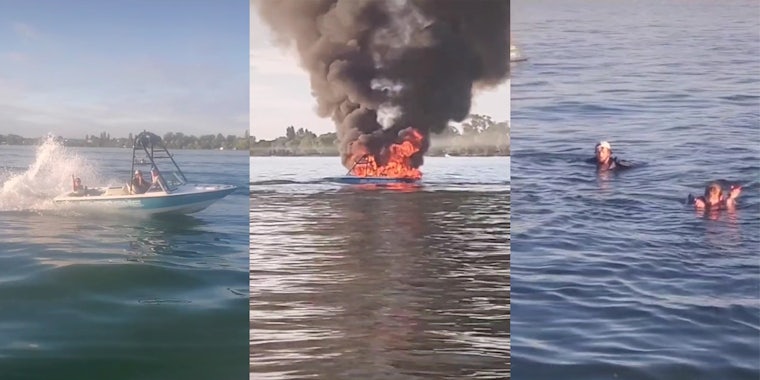 boaters giving the finger (l) boat on fire (c) boaters in water (r)