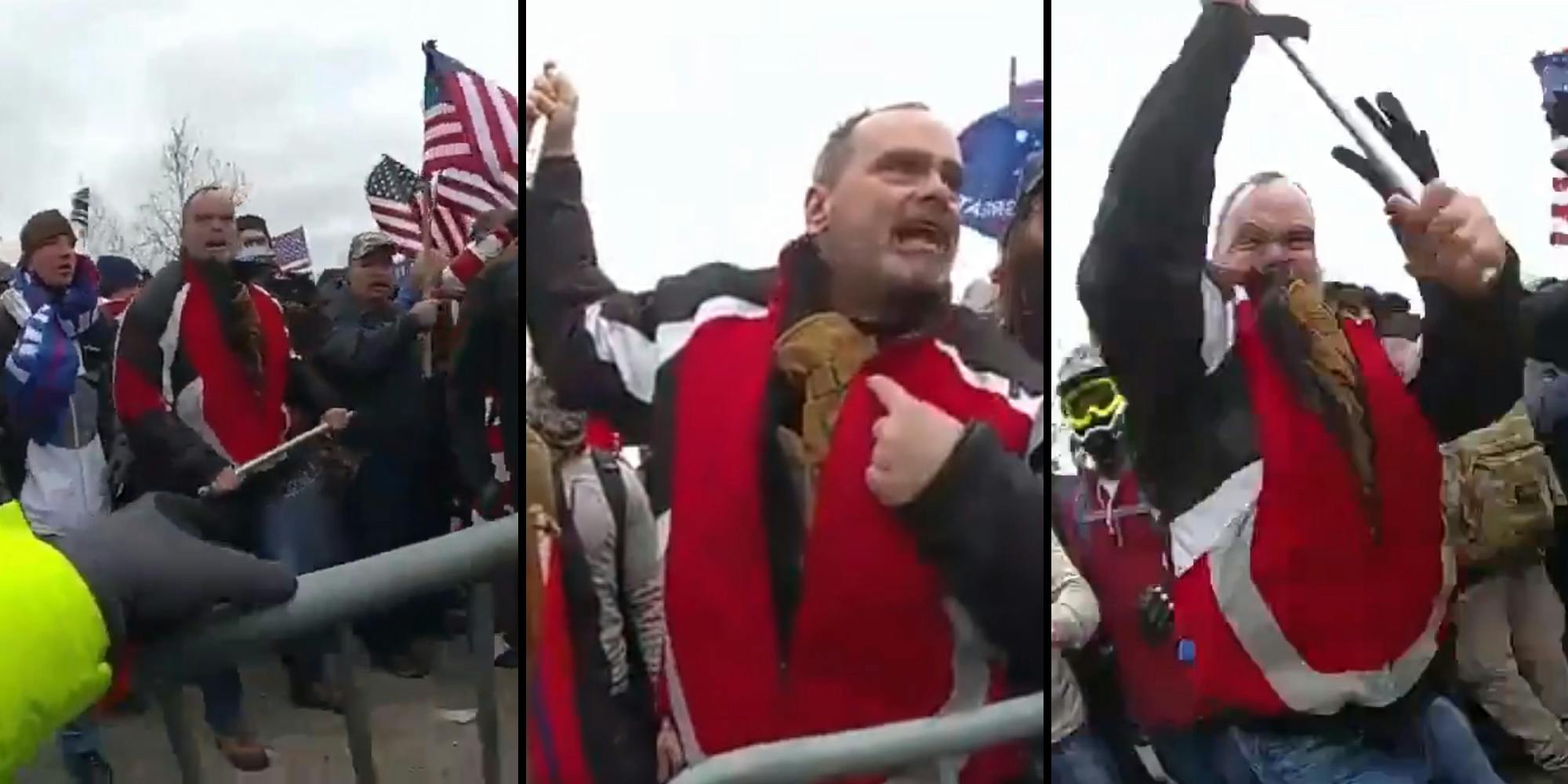 crowd of trump supporters with flags and sticks (l) man pointing to himself, raising a pipe (c) man striking police officer with pipe (r)