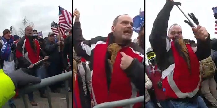 crowd of trump supporters with flags and sticks (l) man pointing to himself, raising a pipe (c) man striking police officer with pipe (r)