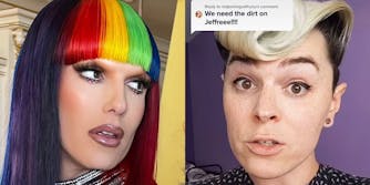jeffree star (l) person with "we need the dirt on Jeffreee!!!!" caption (r)