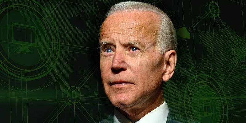 Joe Biden with computer connection background