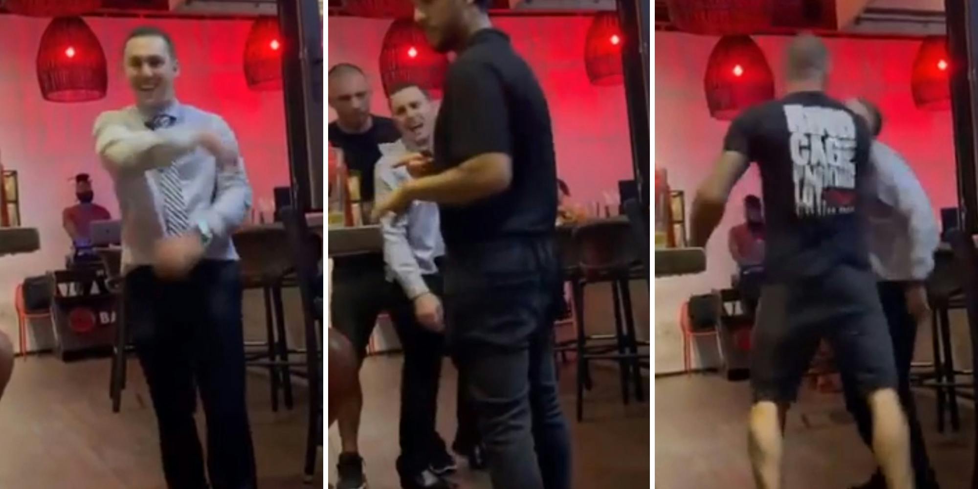 man smiling and dancing (l) man walking into another from behind, waiter standing nearby (c) man from behind assaults man dancing (r)