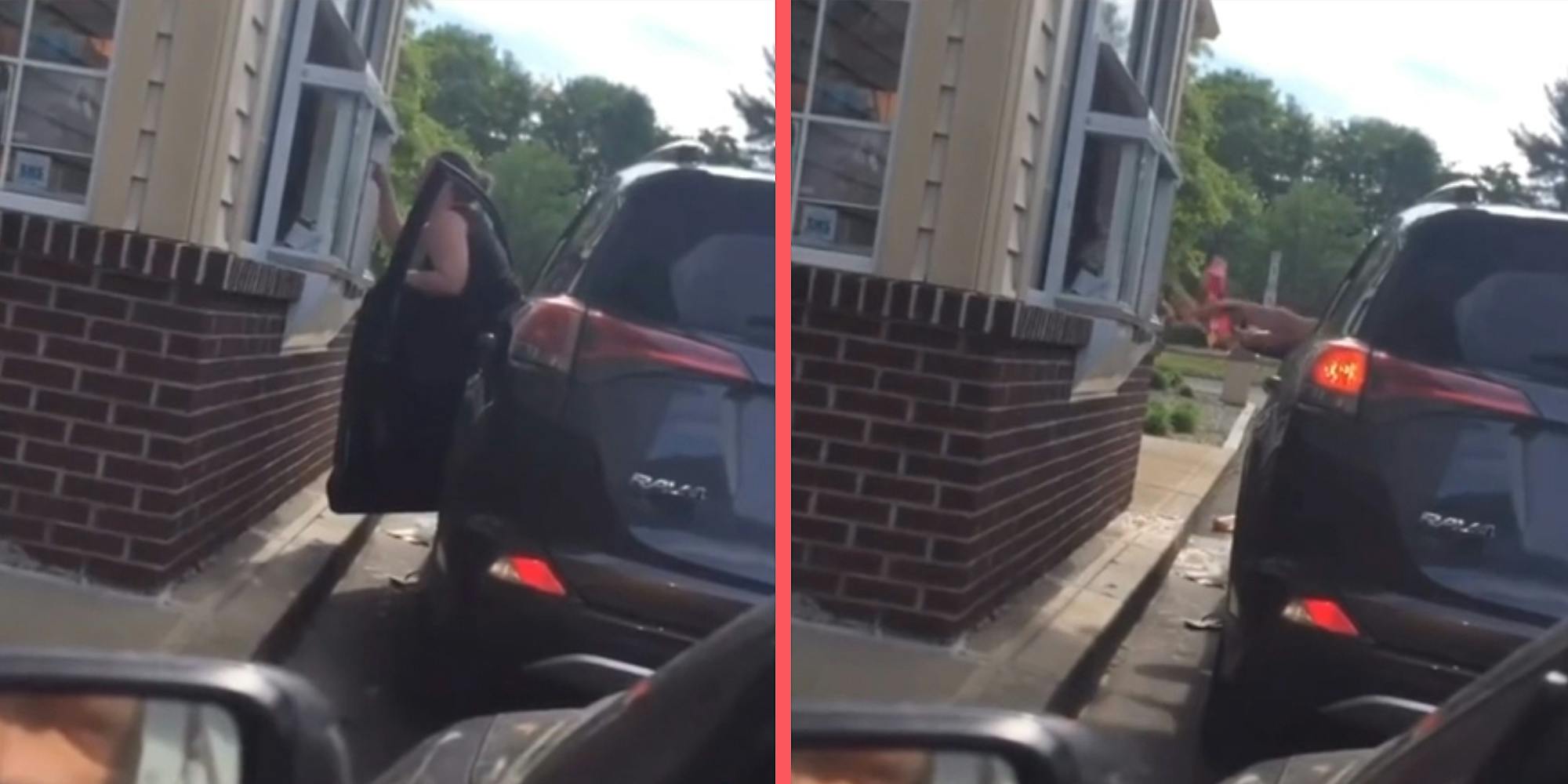 A woman yelling at a drive-thru window.