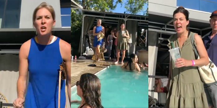 crowd yells 'shame' at women walking by pool