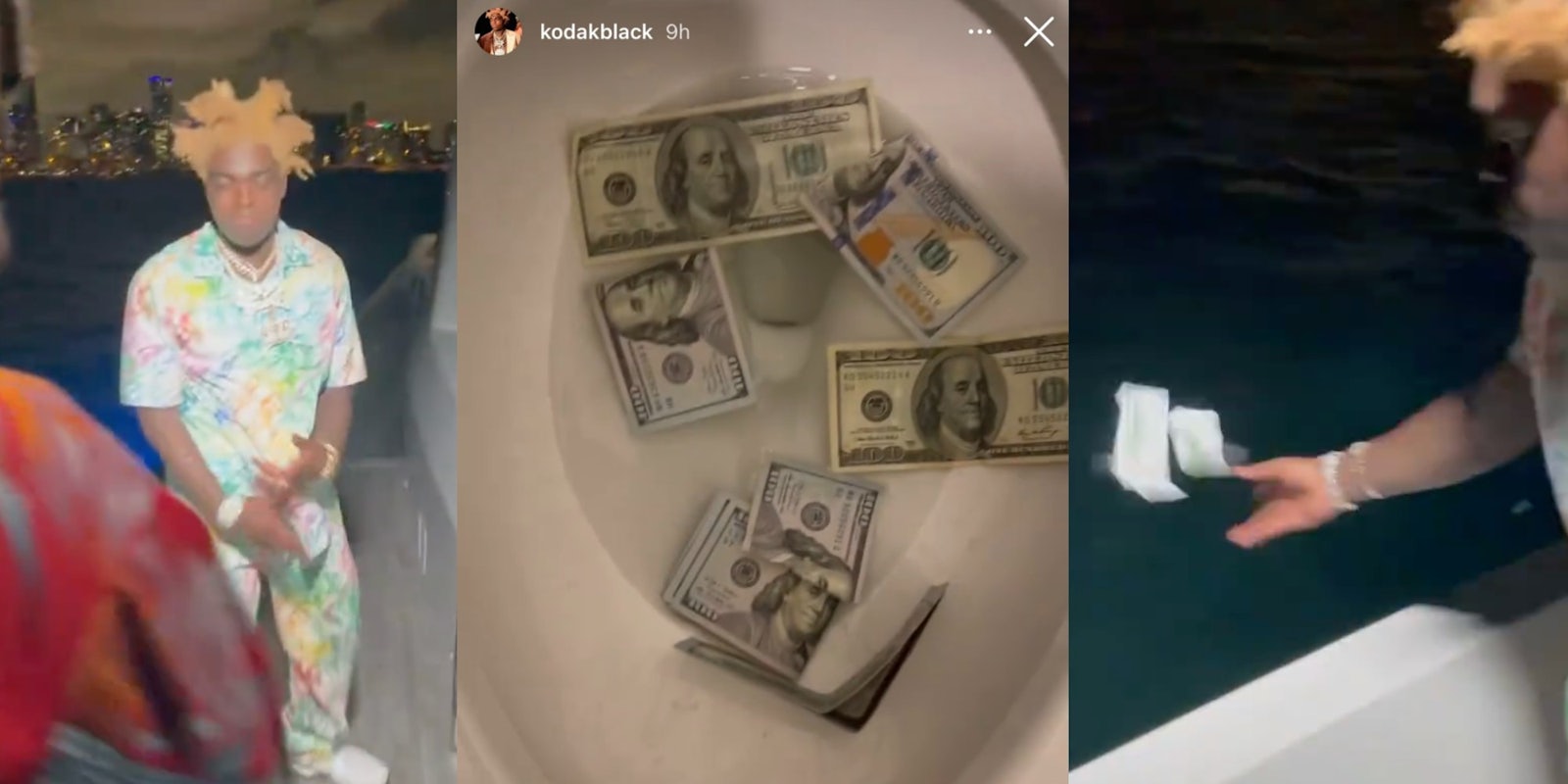 kodak black on a boat, kodak black flushing money down the toilet, kodak black throwing money off a boat