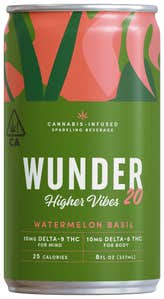 WUNDER Higher Vibes cannabis drink in watermelon basil flavor with 10mg of thc and 10mg of delta-8 thc
