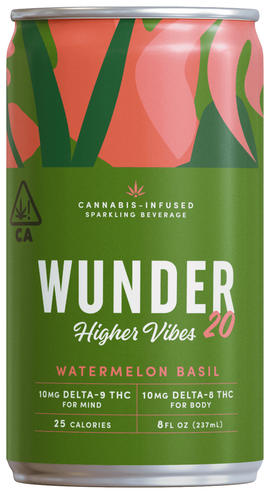 WUNDER Higher Vibes cannabis drink in watermelon basil flavor with 10mg of thc and 10mg of delta-8 thc