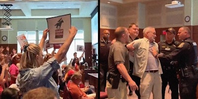 A group of people holding signs (L) and a man being arrested during a meeting about critical race theory (R).