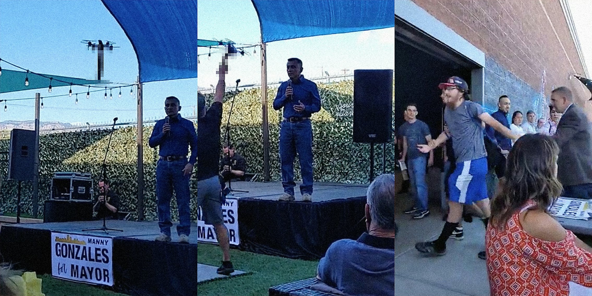 A man on stage (L), a man grabbing a drone (C), and a man being taken away (R).