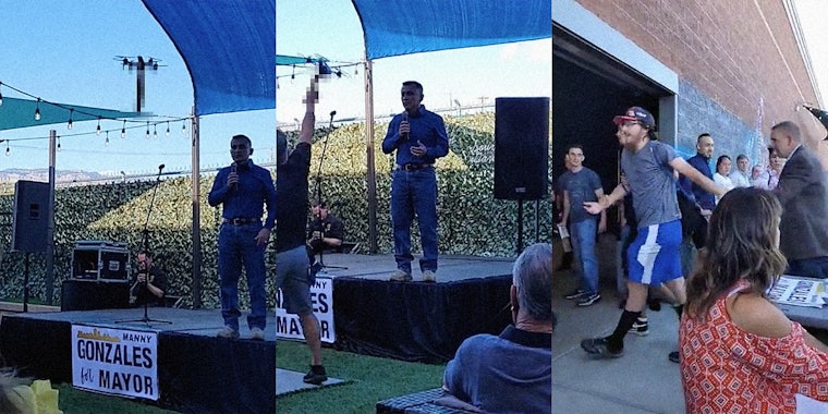 A man on stage (L), a man grabbing a drone (C), and a man being taken away (R).