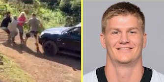 An altercation on a dirt road (L) and Mitchell Loewen looking into camera (R).