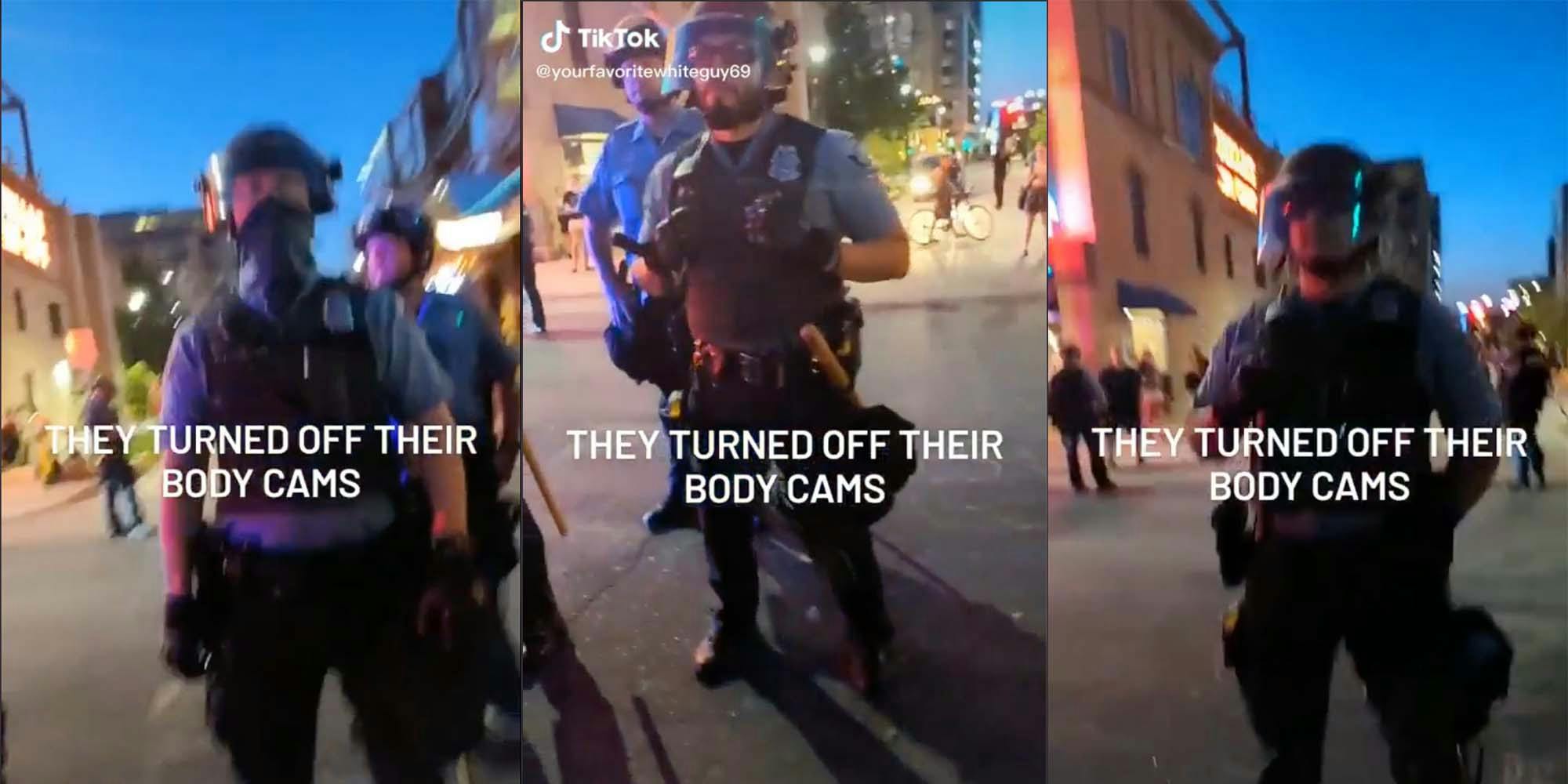 Minneapolis Police officers are shown on duty at a police brutality protest following the shooting of Winston Smith.